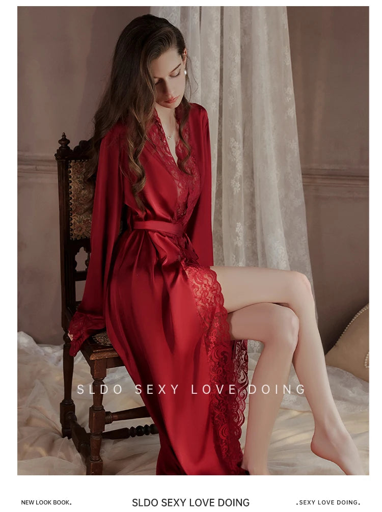 Wedding Bridal Bathrobe Big Lace Flower Nightie Wear Women Satin Kimono Long Loose Peignior Spring Autumn New Intimate Lingerie