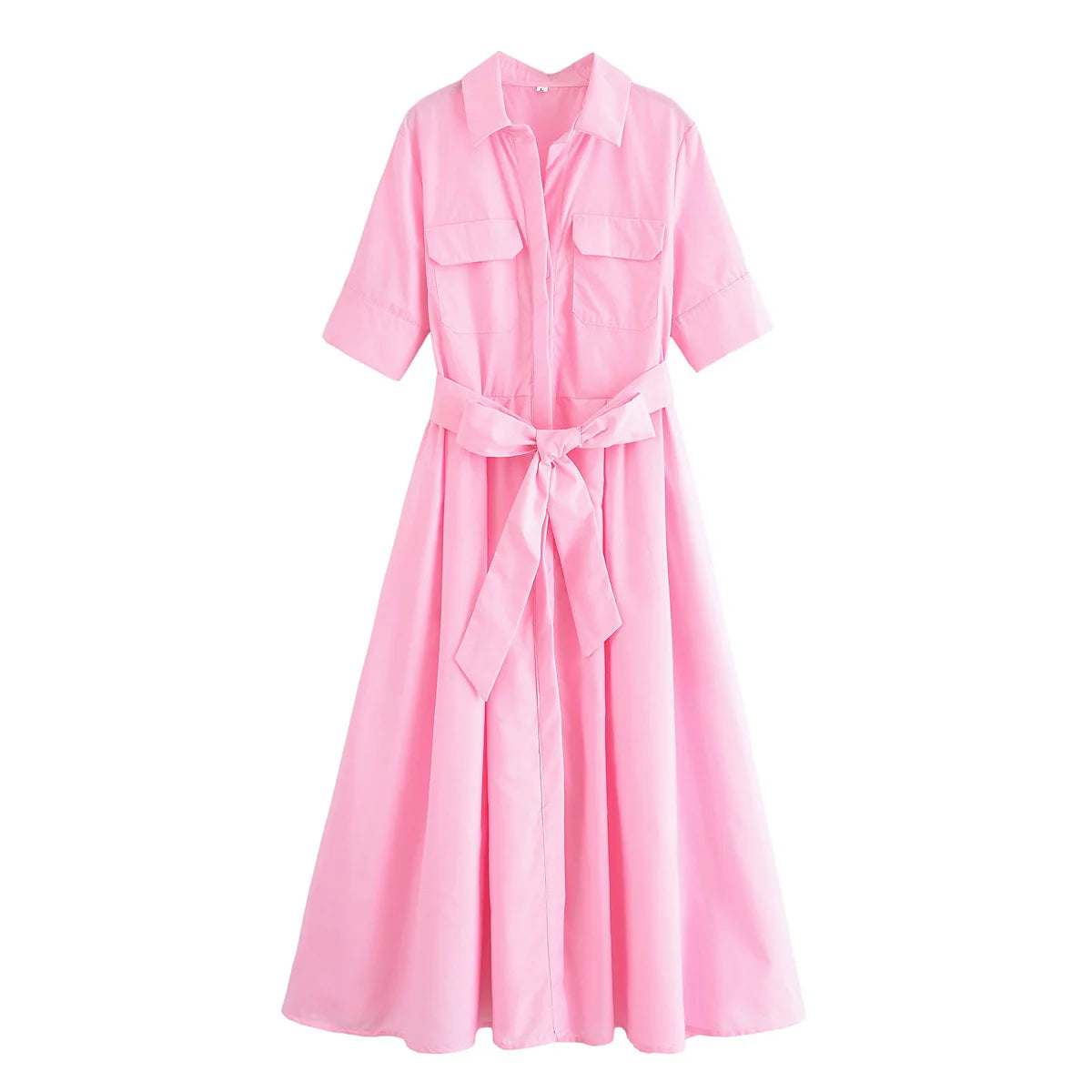 HH Women Summer Lapel Short Sleeve Pocket Single-Breasted Belt Decorate Midi Dress Female Fashion Shirt Style Pleated Dress