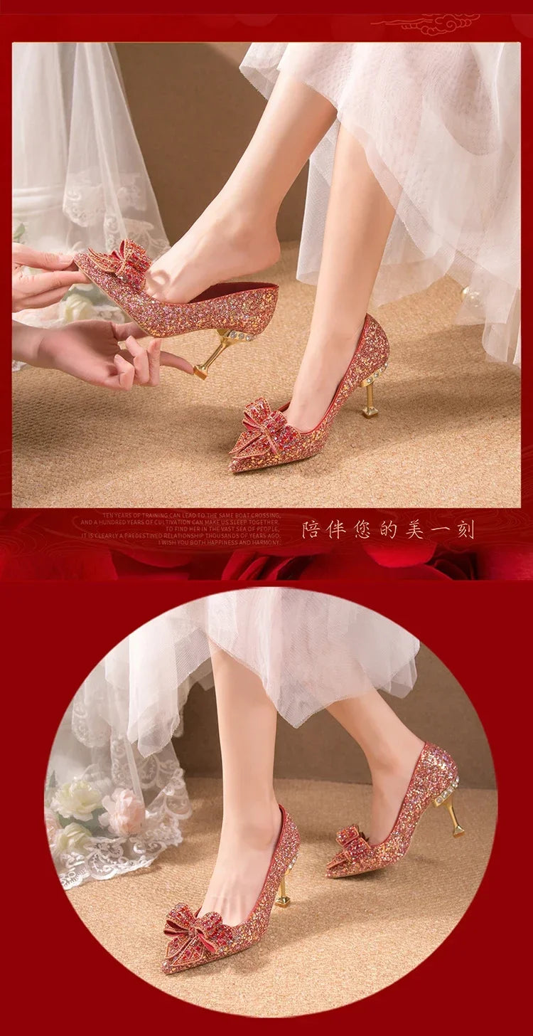 New  Women's Rhinestone Wedding Shoes Year Shoes Luxury Buckle Decorative Banquet Women's Shoes High Heels Gold Silver Red