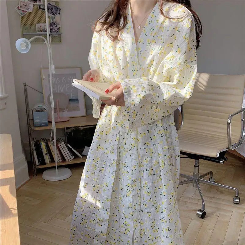Korean Style Floral Pajamas Spring and Summer Sweet Bow Tie Pajama Girl Long Sleeved Trousers Student Dormitory Home Clothes Hot