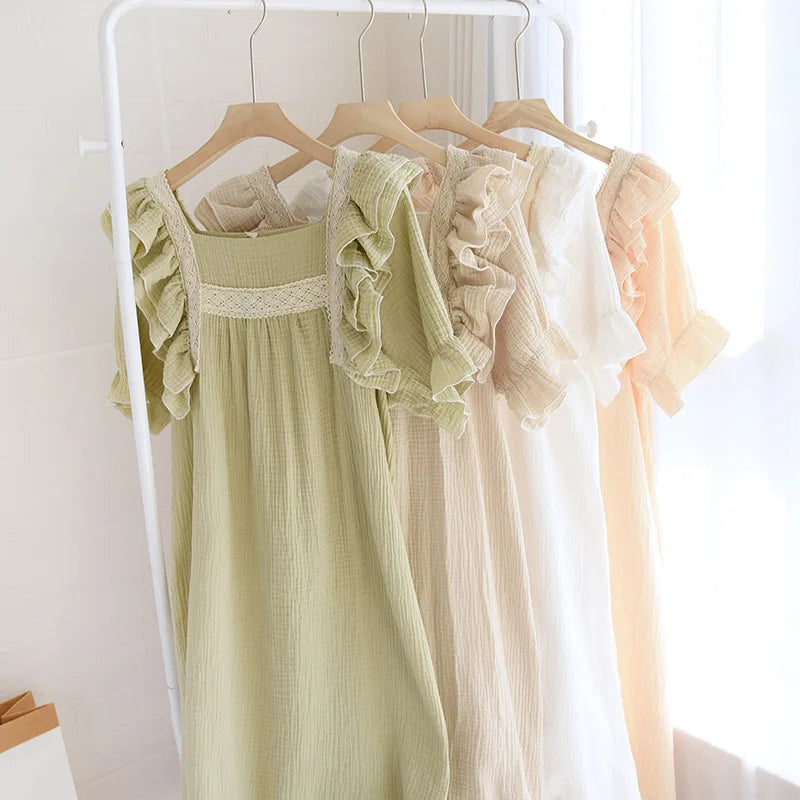 Summer New Ladies Nightdress 100% Cotton Crepe Lotus Leaf Sleeve Long Dress Palace Style Short Sleeve Nightdress Home Skirt