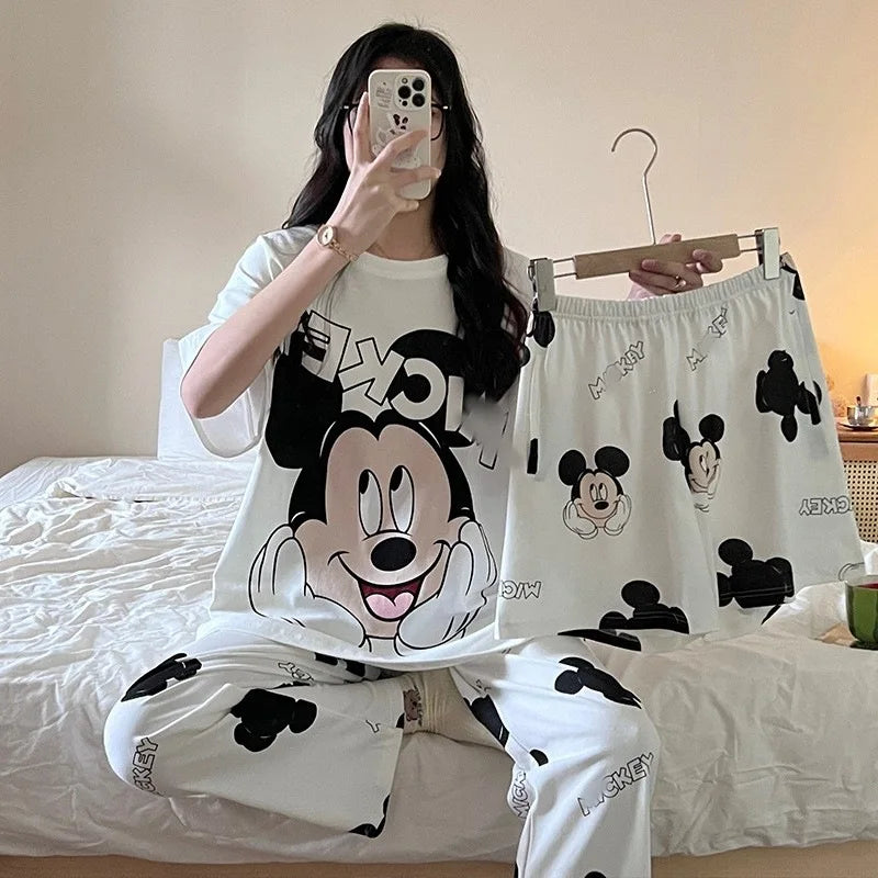 Summer Women's Round Neck Pajama Set Three Piece Short Sleeve+Shorts+Pants Cartoon Home Clothes Set