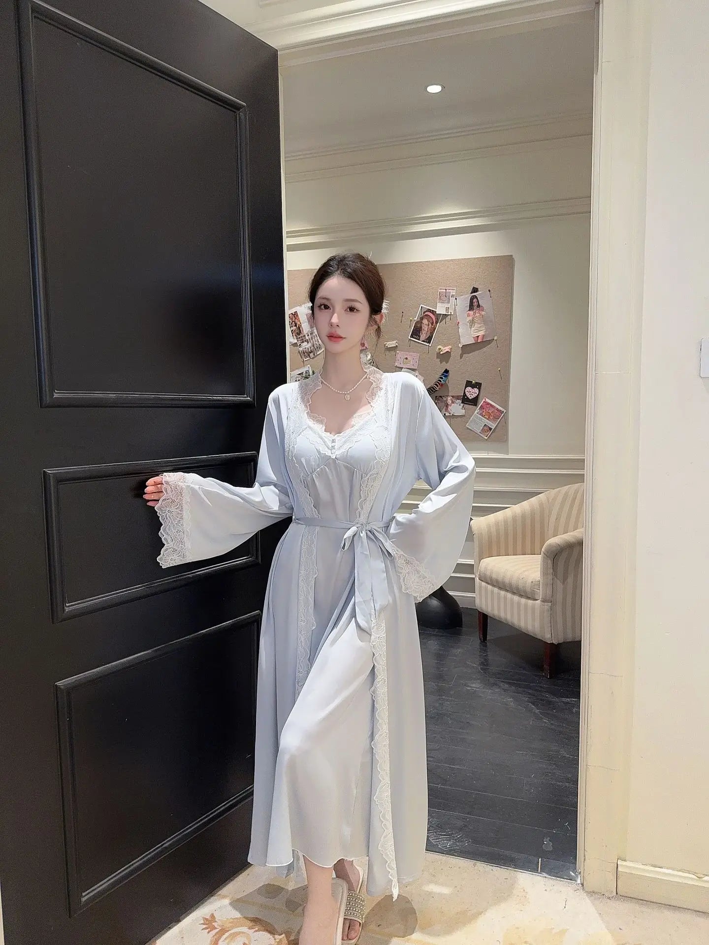 2025New Long Sweet Blue Robe Set Women Elegant Bathrobe Rayon Kimono Sexy Lace Floral Home Dressing Gown Princess Loungewear