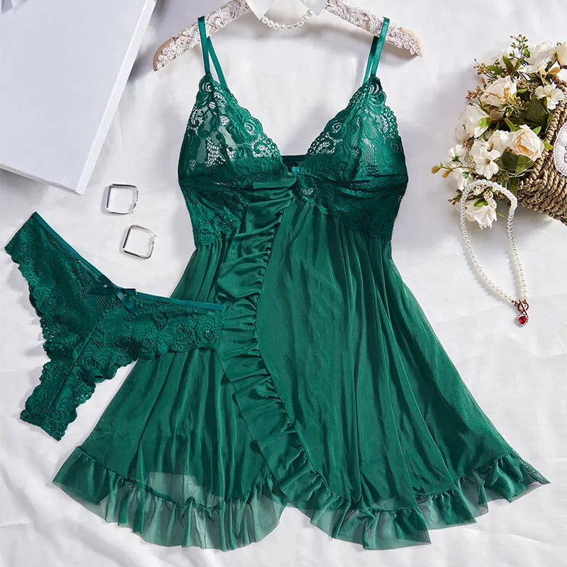 Transparent Ultra-short Dress Sexy Lingerie Lightweight Deep V Sling Nighty Loungewear Women's Pajamas Lace Nightdress Female