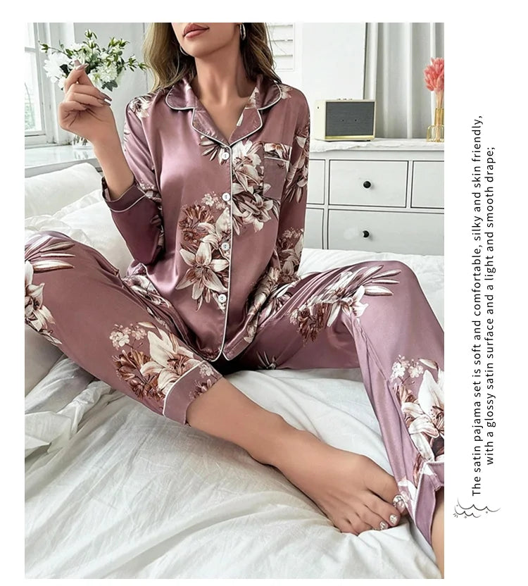 Pajamas For Women's Floral Print Long-Sleeved Sleepwear Button Down 2 Piece Soft Loungewear Pjs Set Pajama Pants Homewear