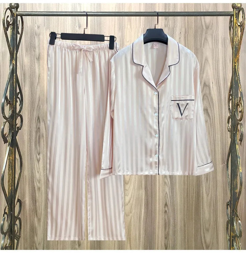 Women Striped Satin Pajama Set Autumn Cardigan Long Sleeve Pants Loose Casual Wear Fashion Classic Pink sleepcoat Two Piece Set