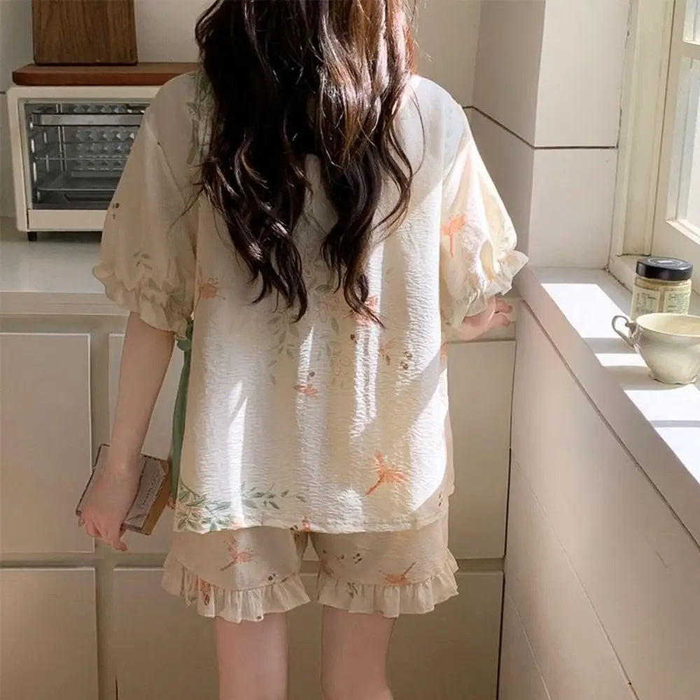 New Chinese Style Lace Up Pajama Suit Flower Reffle Shorts Sleeve Nightwear Women Homewear Loose Two Pieces Sleepwear Sets Home