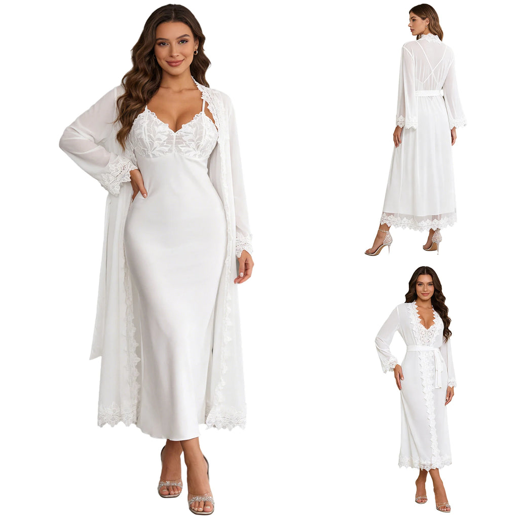 Womens Floral Lace Nightgown Set Long Sleeve Sheer Mesh Robe with Backless Satiny Sling Dress Gown Belt for Bride Wedding Night
