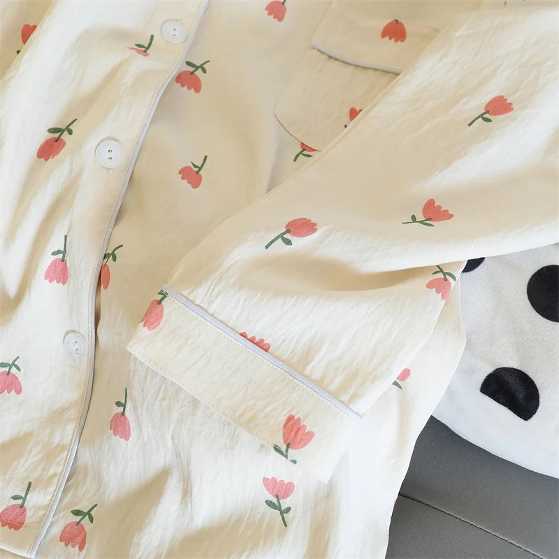Print Floral Womens Pajamas Sleepwear Set Soft Comfortable Long Sleeve Tops with Pants Pajama 2 Pieces Lingerie Women Home Suit