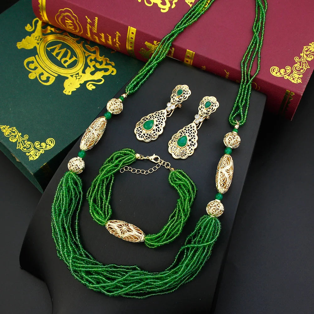 Sunspicems Chic Morocco Hand Bead Necklace Sets Crystal Earrings Rope Bracelet Arabic Women Bride Bead Wedding Jewelry Sets
