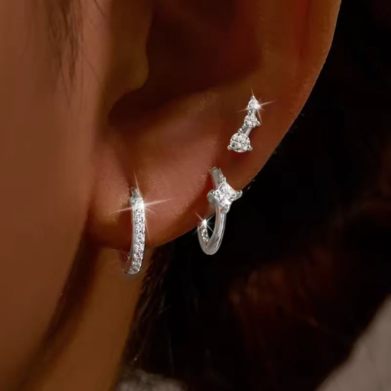 3PCS Sets Stainless Steel Square Zirconia Hoop Earrings For Women Daily Life Cartilage Stud Earrings Piercing Jewelry Gift