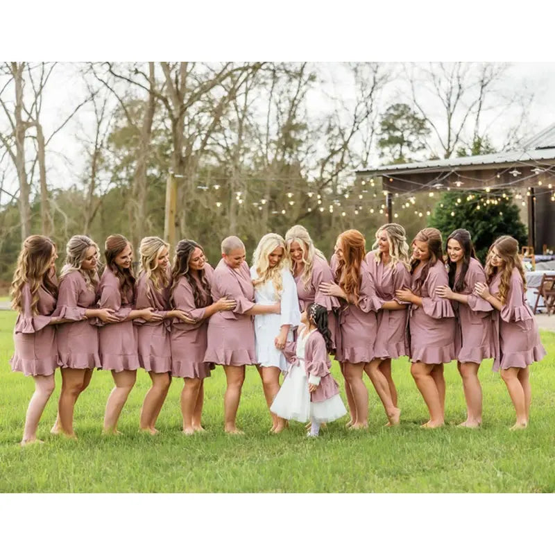Personalized Bride Bridesmaid Robes Chiffon Ruffle Trim Kimono Birth Flower Ruffle Robe Set Bridal Shower Proposal Dressing Gown
