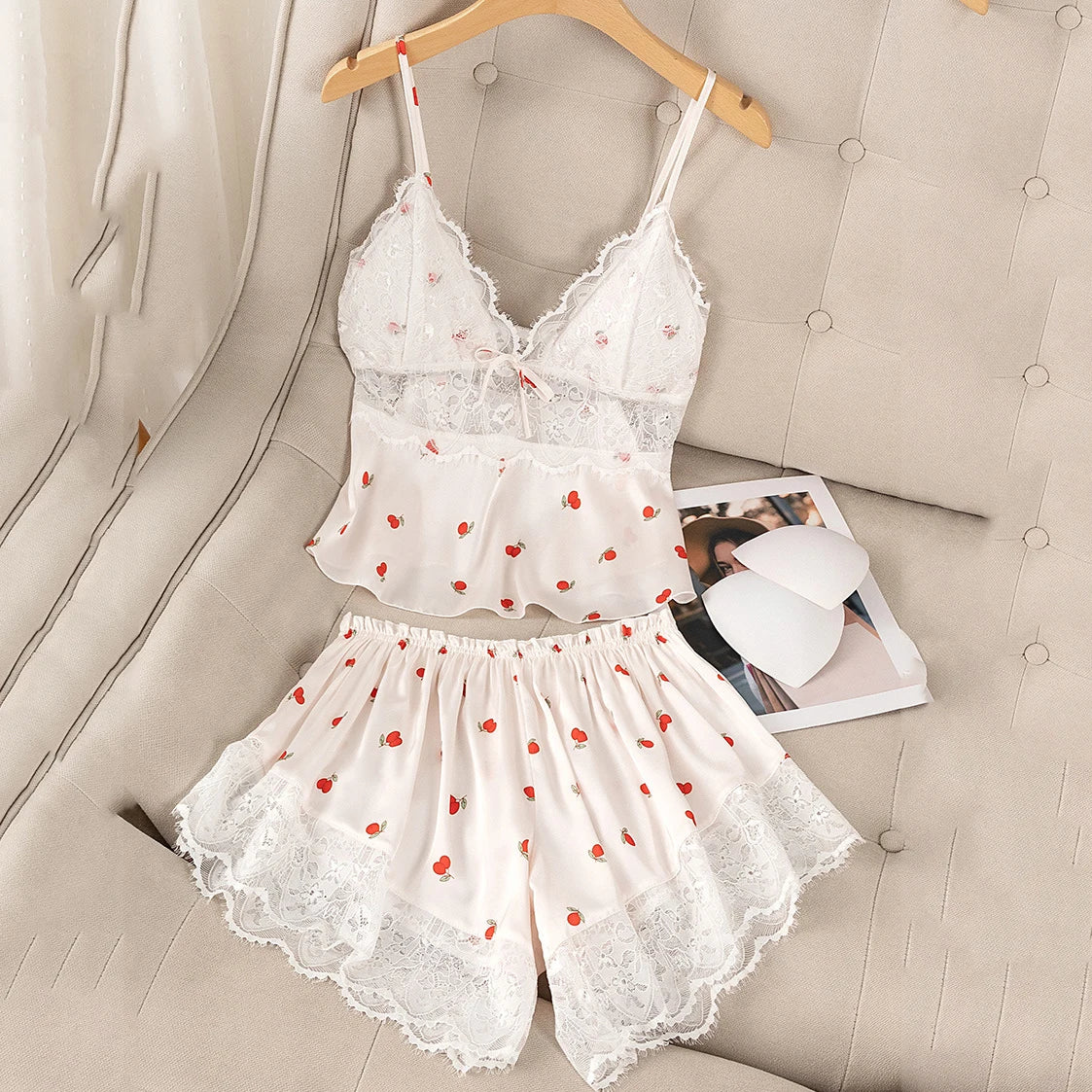 Sexy Suspender Pajamas Set Sleepwear Print Flower Lace Trim Sleepwear Intimate Lingerie Summer New Silk Satin Nightwear Homewear