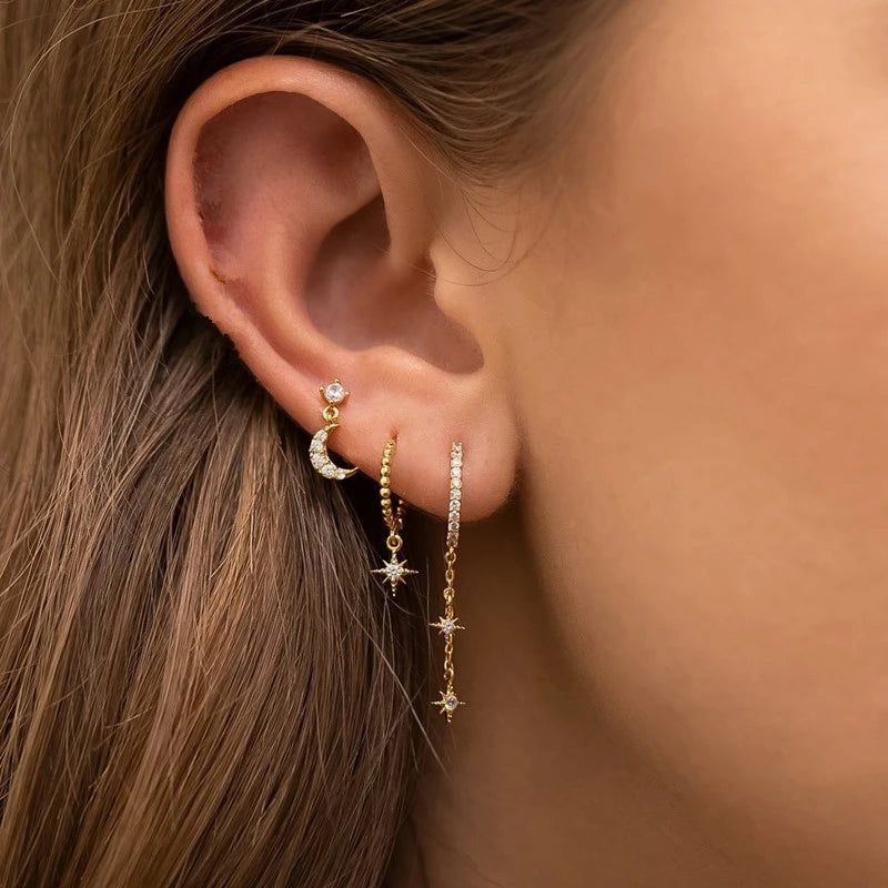 3PCS Sets Stainless Steel Square Zirconia Hoop Earrings For Women Daily Life Cartilage Stud Earrings Piercing Jewelry Gift