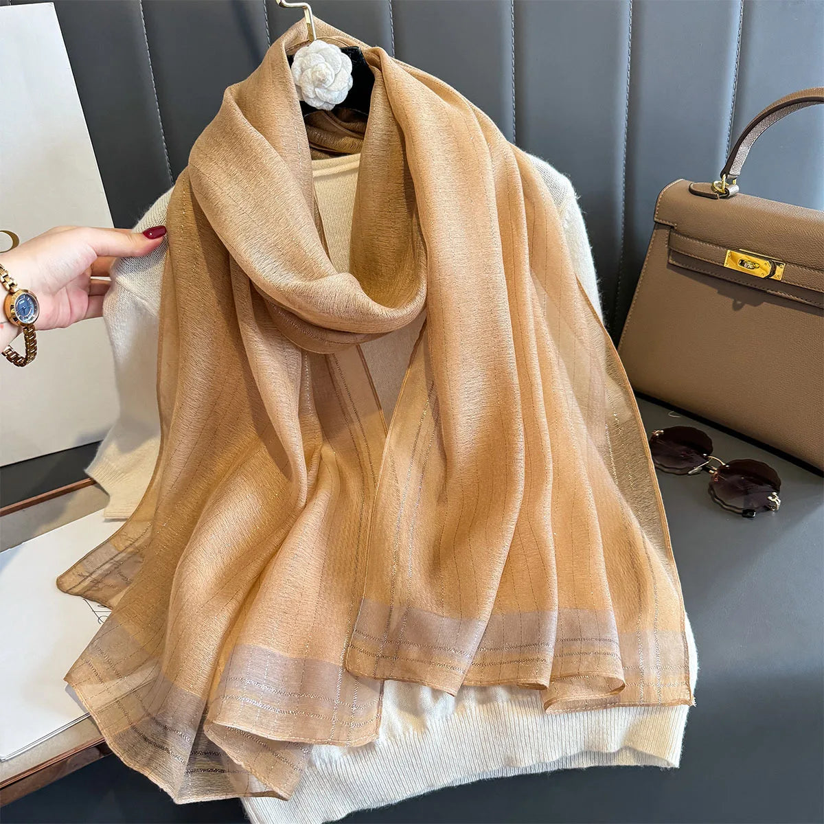 Luxury Long Scarf For Women Elegant Hijab For Travel Beach Soft Stain Neckerchief Shawl Solid Color Imitation Silk Scarves