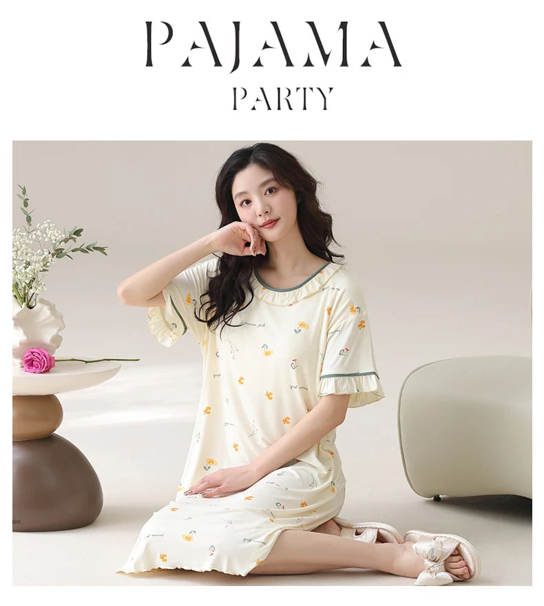 Women Modal Nightdress Small Flower Sleep Dress Short Sleeve Sleepshirt Ruffles Nightshirt Nightgown Sleepwear 4XL5XL Home Dress