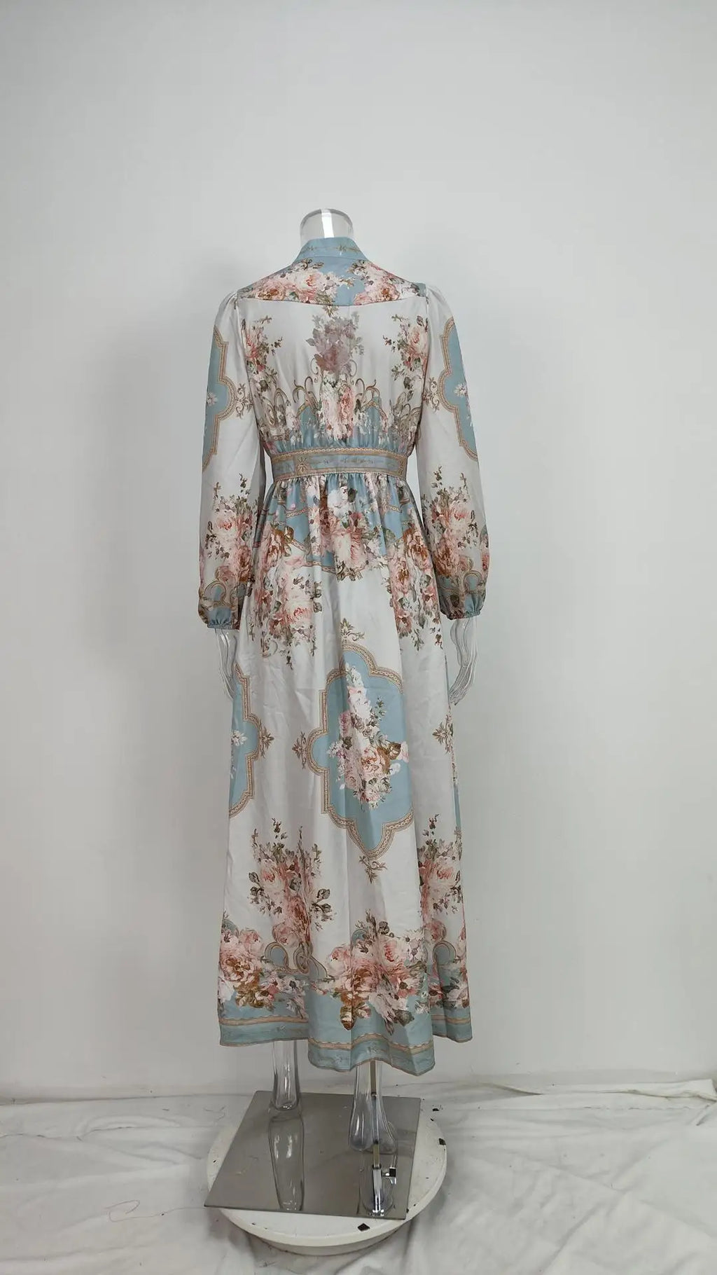 Womens Boho Floral Print Long Sleeve V Neck Button Front Belted Maxi Dress Casual Summer Beach Vacation Long Dress