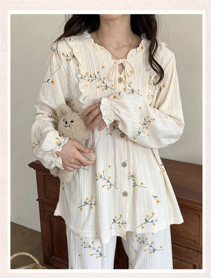 Cotton Women's Pajamas Set Floral Printed Long Sleeve Sleepwear Home Clothes Casual Ladies Nightwear Sleeping Pyjamas Suit