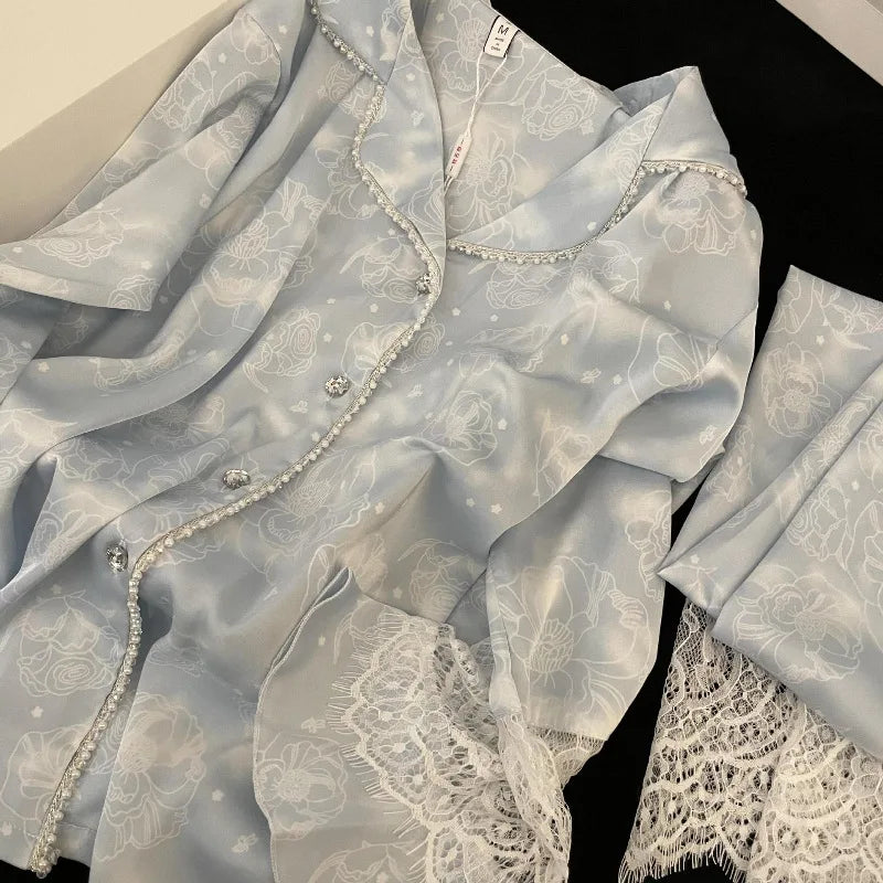 Plus Size 4XL Female 2PCS Pajamas Set Loungewear Sweet Girl Print Flower Lace Sleepwear Long Sleeve Pijamas Silk Satin Homewear
