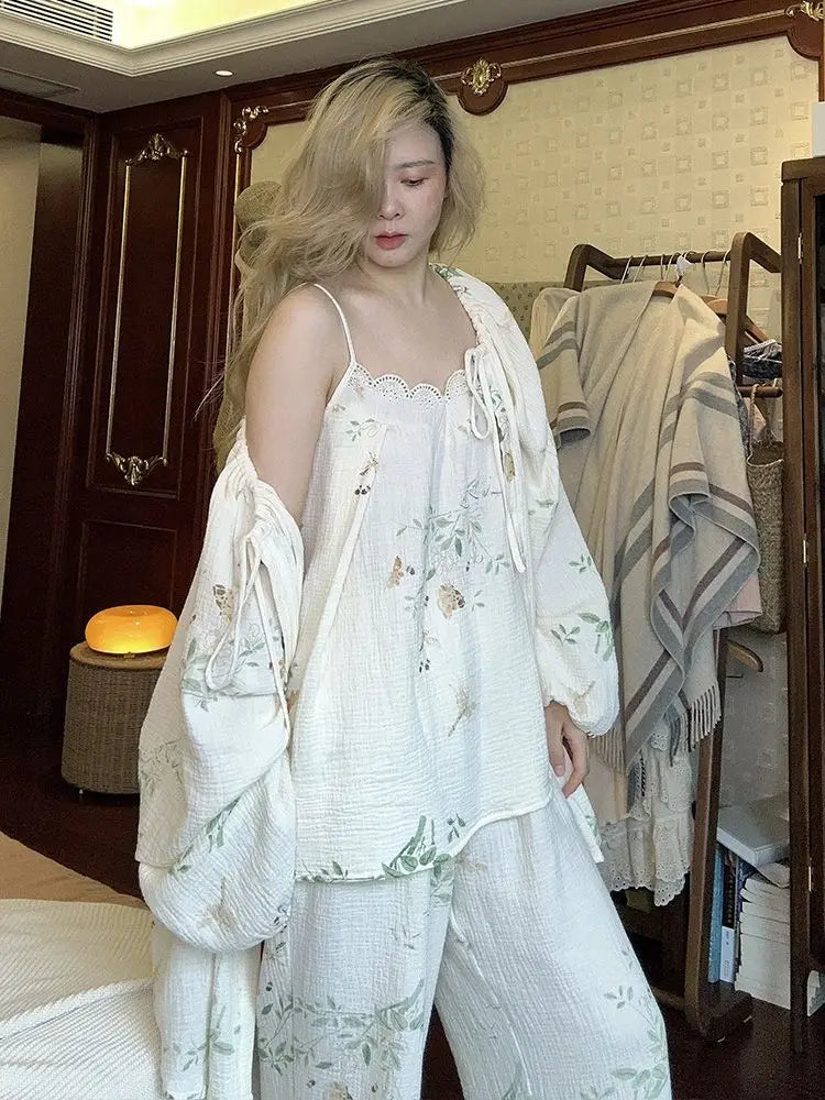 Spring Autumn Women Cotton Pajamas Sets Floral Printed 3Pcs Home Clothing Long Sleeves Spaggehtti Straps Long Pants Loungewear