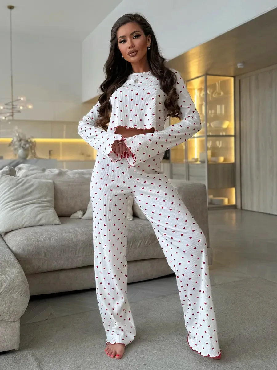 Autumn Winter Pajama Set Women 2pcs Y2K-Style Cherry Print Cuffed-Long-Sleeve Tops and Long Trousers Sleepwear Homewear