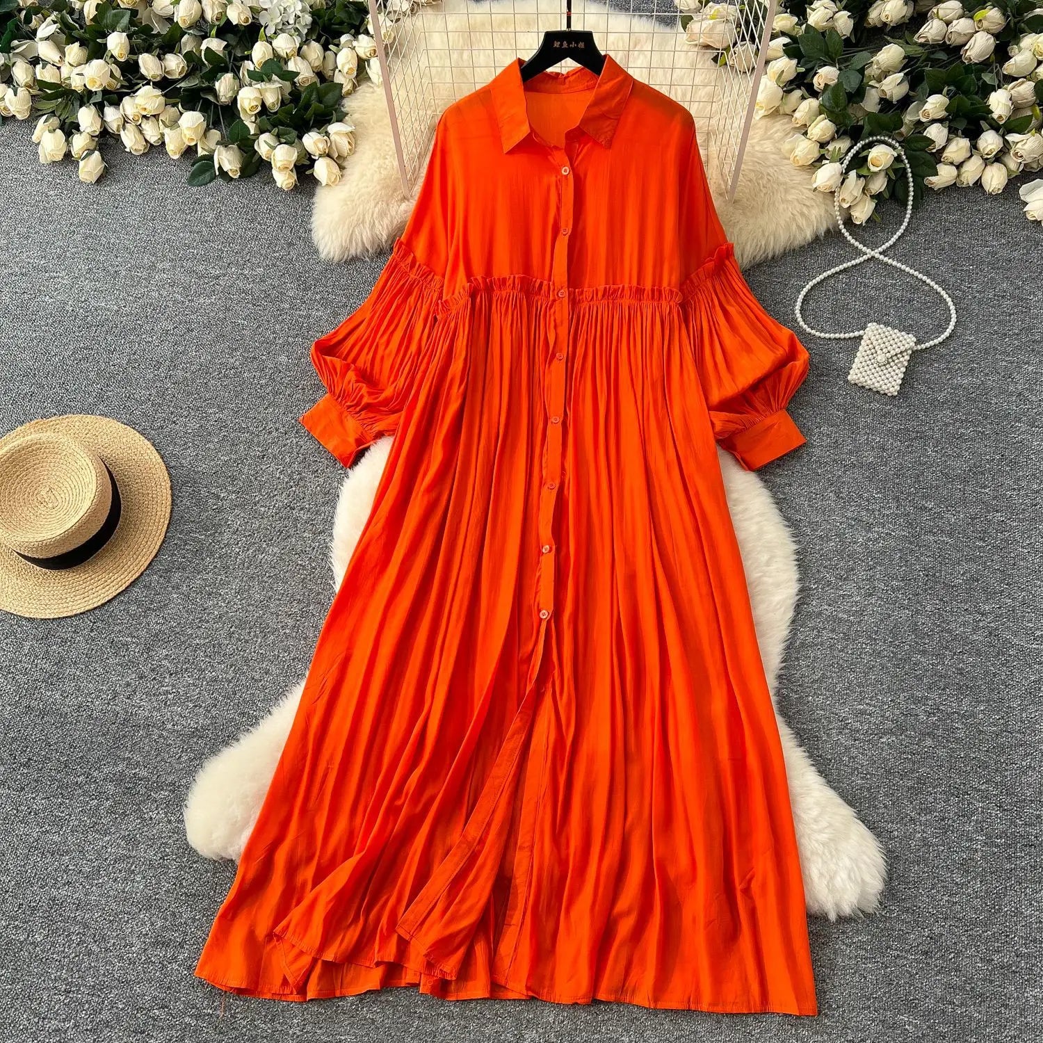 Pleated Dress Women Long Dresses A Line Vestidos Streetwear Lantern Sleeve Elegant Splice Y2k Single Breasted Loose Summer 2025