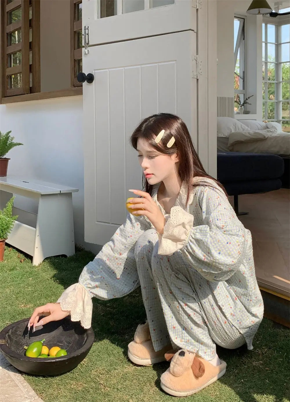 Korean Style Sweet Style Floral Pajamas for Women New Long Sleeve Long Pants Lace Trim Homewear Set Autumn Winter Loungewear Hot