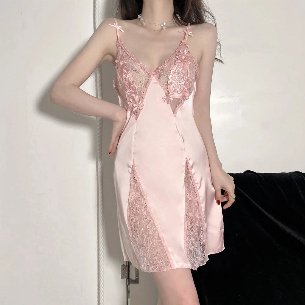 Sexy Hollow Out Lace Strap Nightgown Women Sleepwear Embroidery Flower Robe Silky Satin Nightdress Home Wear Intimate Lingerie