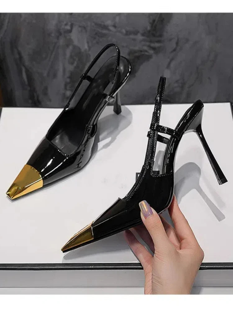 New Summer Women's High-heeled Sandals Gold Iron Head Patent Leather Black Stiletto Square Head Closed Toe Sling Back Shoes