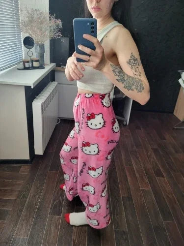 Y2K Hello Kitty pajamas anime women's pajamas cartoon couple walking home pajamas trousers casual homewear