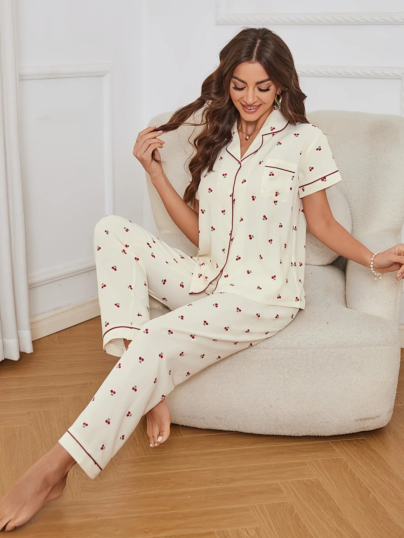 Cherry Print Textured Pajama Set Casual Short Sleeve Buttons Lapel Top & Elastic Pants Women's Sleepwear