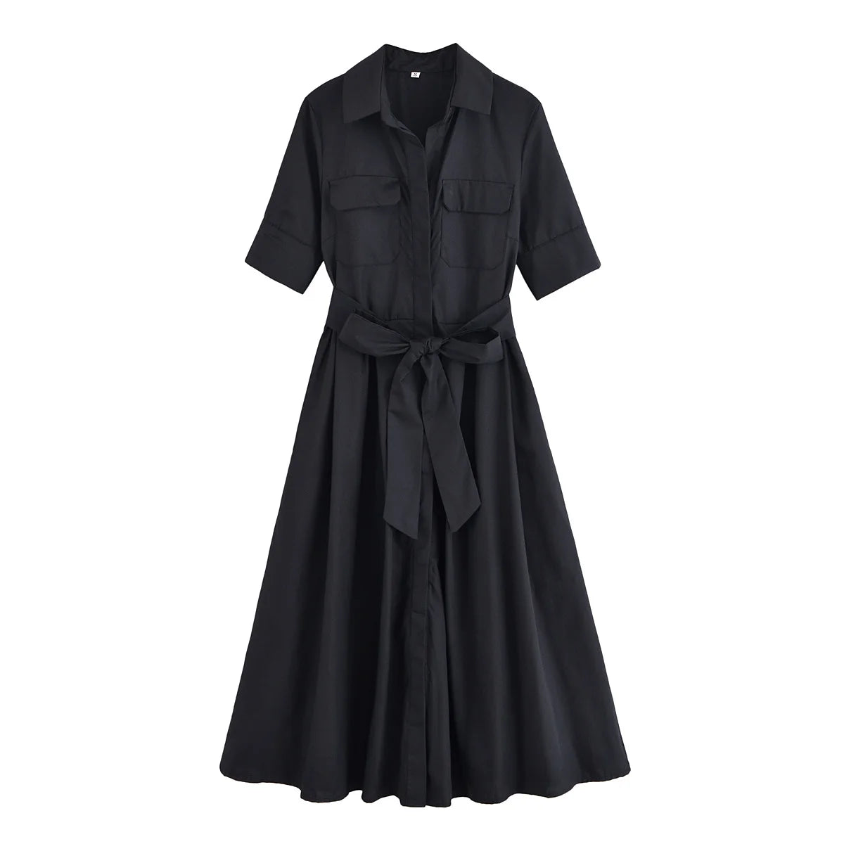 HH Women Summer Lapel Short Sleeve Pocket Single-Breasted Belt Decorate Midi Dress Female Fashion Shirt Style Pleated Dress