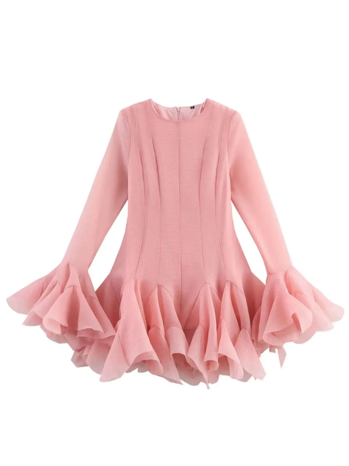 2026 Summer Women's Elegant Multi-Layered Ruffled Hem Mini Dresses Lady Sweet French Style Long Flare Sleeve Slim Fit Puffy Robe