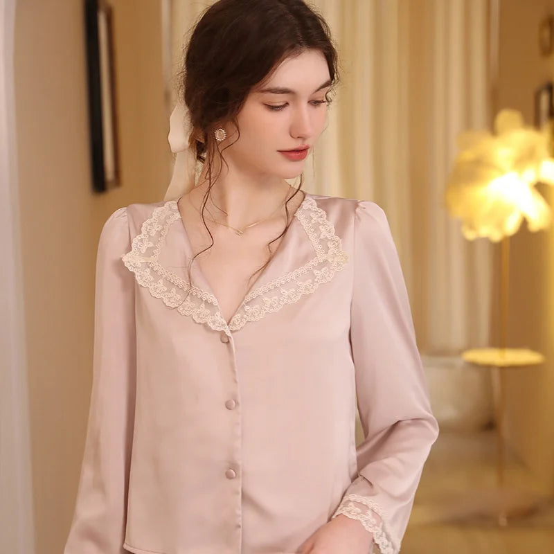 Two Piece Pajamas Set Women Satin Nightwear Home Clothes Spring Autumn Long Sleeve Shirt&pants Sleepwear Suit