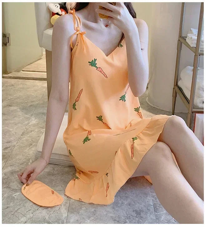 New with Bra Pad, Free Eye Mask, Sling, Loose and Cute Cartoon Animal Pajamas, Nightgown Role-playing Sleepwear Women