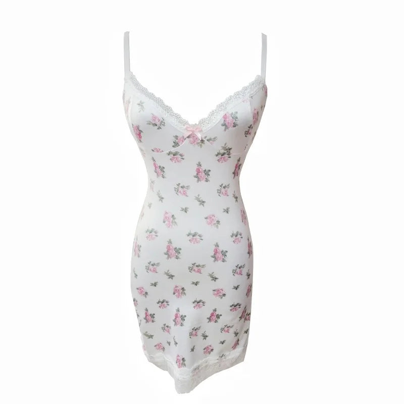 Sexy Floral Nightgowns Women Lace Patchwork Korean Romantic Sleepwear Spaghetti Strap Y2k Bodycon Comfortable Trendy Daily Ins
