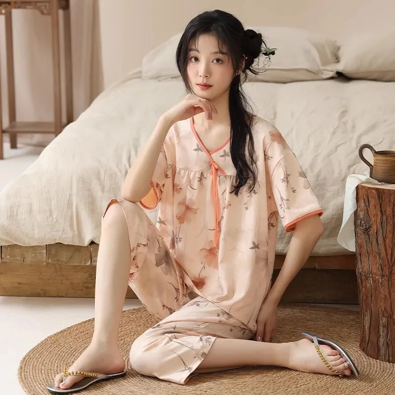 Gentle Floral Print Pajama Set Short Sleeve Top And Capri Pants Suit Vintage Women's Summer Sleepwear Loungewear Home Clothes