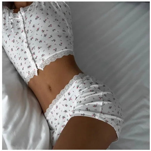 New Arrival: Cottagecore Floral Lace-Trimmed Button-Up Top & Matching Shorts Sleepwear Set