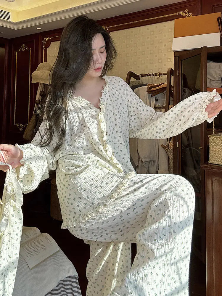 Spring Autumn Women Cotton Pajamas Sets Floral Printed 3Pcs Home Clothing Long Sleeves Spaggehtti Straps Long Pants Loungewear
