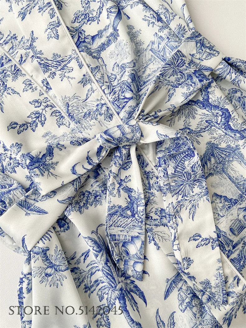 Women Sleepwear 3PCS Pajamas Set Lingerie Print Flower Bath Robe Gown Nightwear Summer Loose Satin Lounge Wear Home Clothes