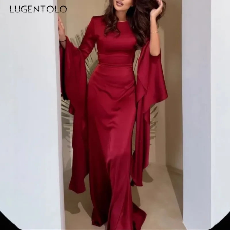 Women Cocktail Party Dress Big Swing Middle Eastern Long Floating Sleeves Slim Empire Lady Banquet Solid Maxi Clothing