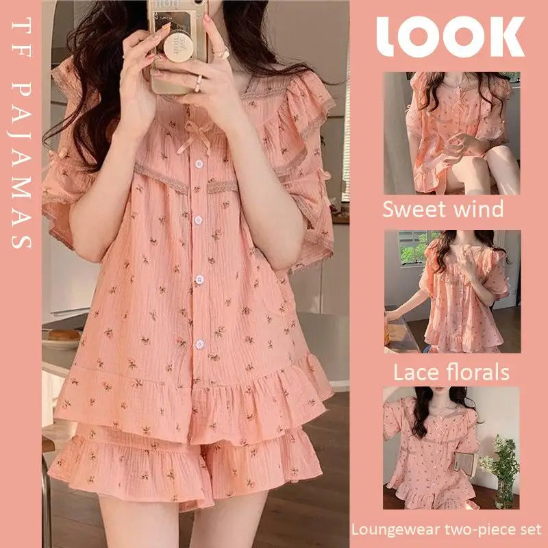 INS style women's summer new sweet floral high-quality short-sleeve shorts with bowtie girl homewear