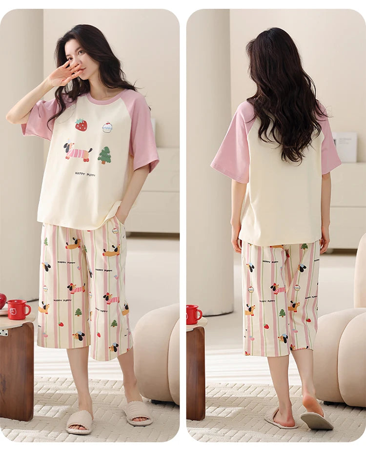 MiiOW 2Pcs Summer Women's Pajamas Set Cotton Short Sleeve Woman Homewear Cute Pink Patchwork Print Girls Pajamas Woman Sleepwear