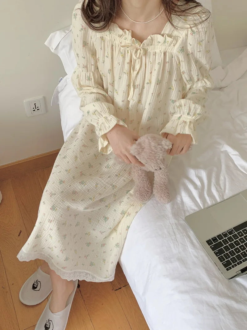 Sweet Girl Floral Print Long Nightdress Sleepwear Spring New Female Cotton Nightgown Lounge Wear Casual Bathrobe Home Wear