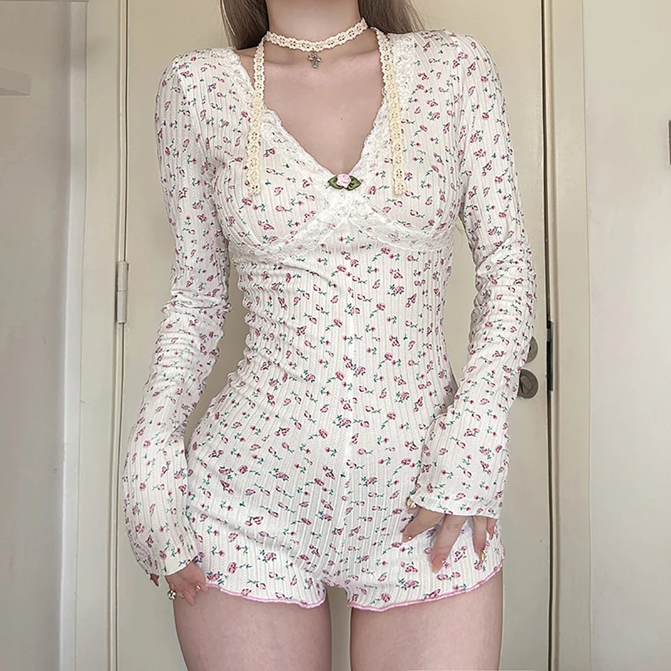 Floral Print V-neck Lace Trim Jumpsuit Knitted Long Sleeve Cute Aesthetic Y2K Bodysuit Rompers Homewear Women Casual Nightgowns