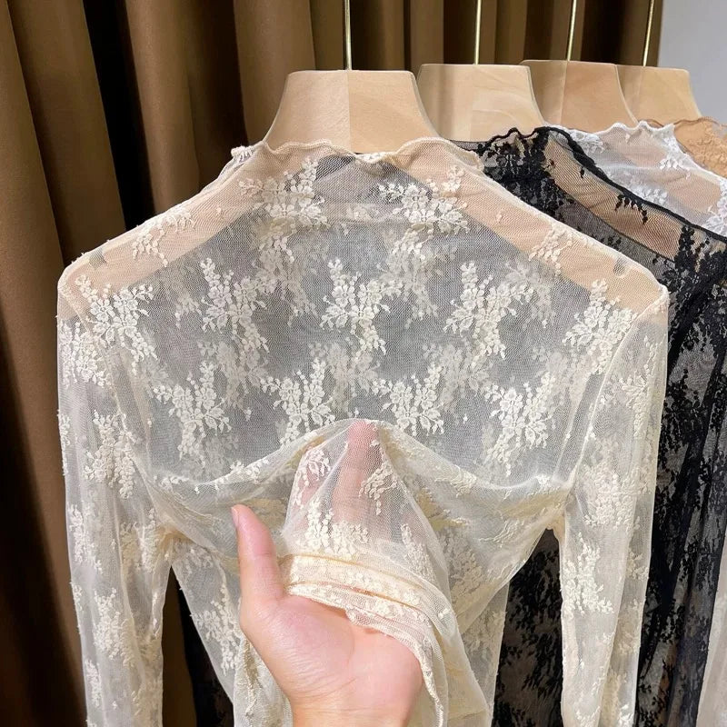 Sexy Floral Lace and Mesh Ruffle Nightgown Woman Sleep Tops Nightie Turtleneck Mesh Layering Top Y2k Floral Tee Shirts Blouse