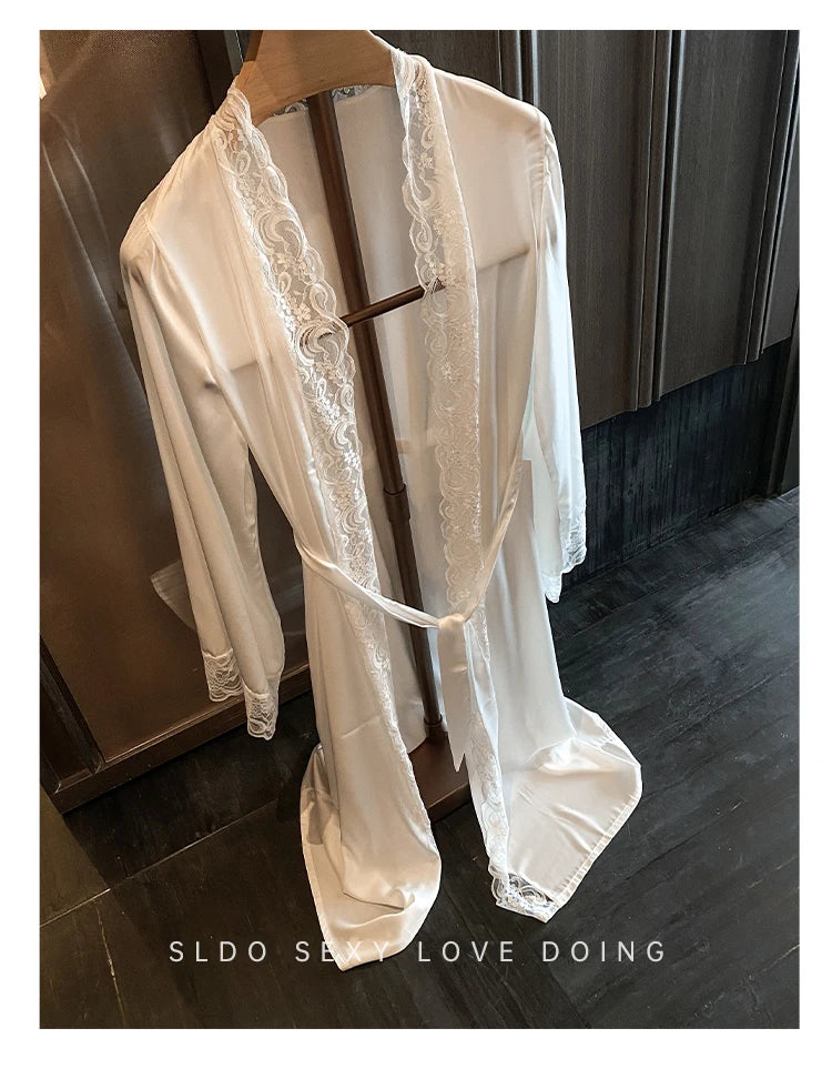 Wedding Bridal Bathrobe Big Lace Flower Nightie Wear Women Satin Kimono Long Loose Peignior Spring Autumn New Intimate Lingerie