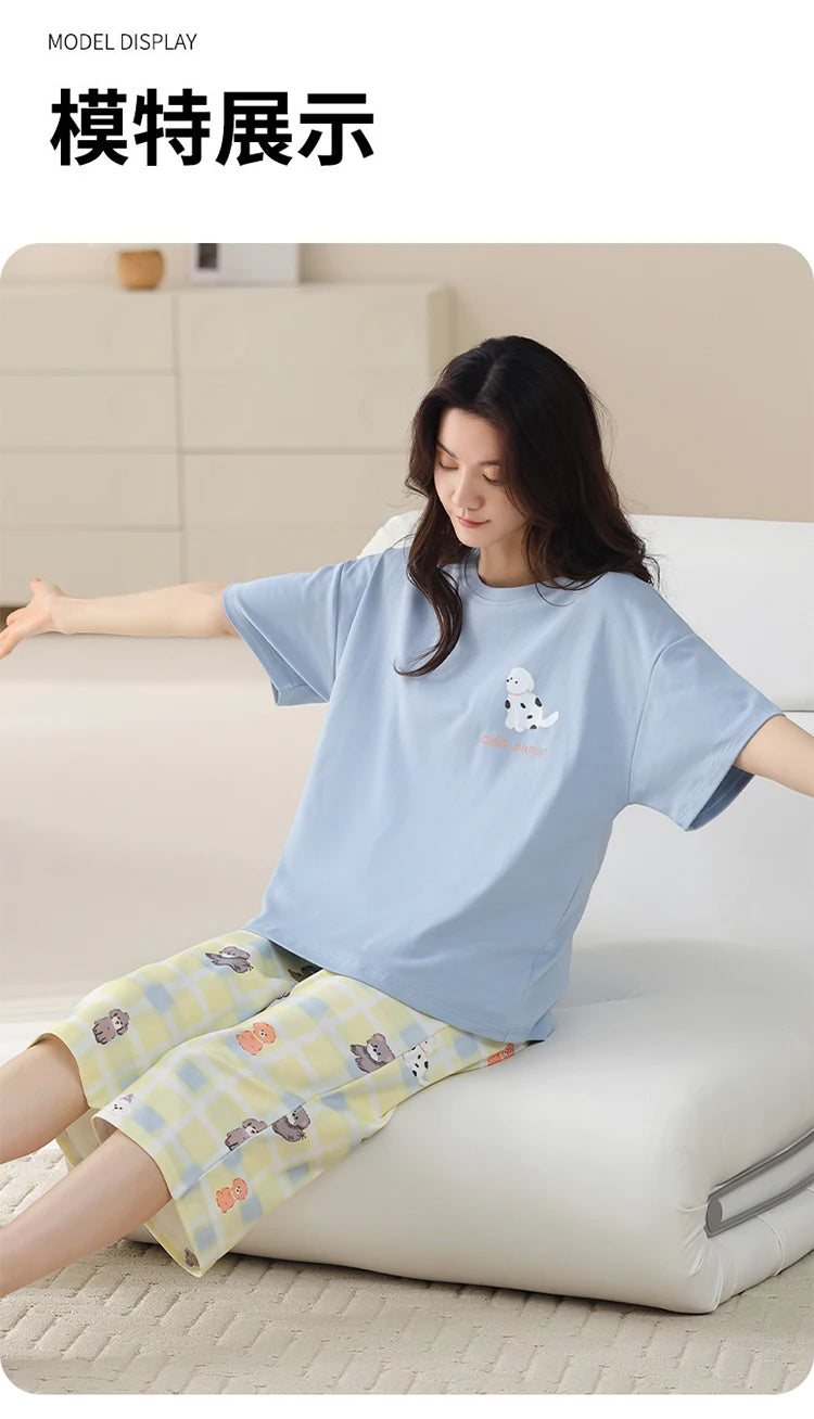 MiiOW 2Pcs Summer Women's Pajamas Set Cotton Short Sleeve Woman Homewear Cute Pink Patchwork Print Girls Pajamas Woman Sleepwear