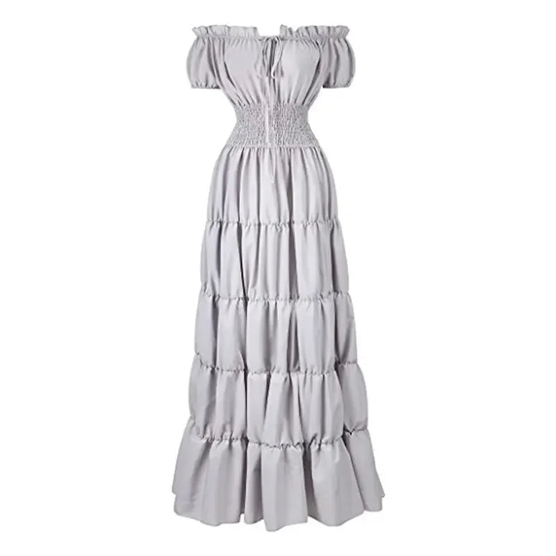 Elegant Medieval Renaissance Dress Boho Short Sleeves Off Shoulder Smocked Waist Retro Pleated Long Dress Costume Gown