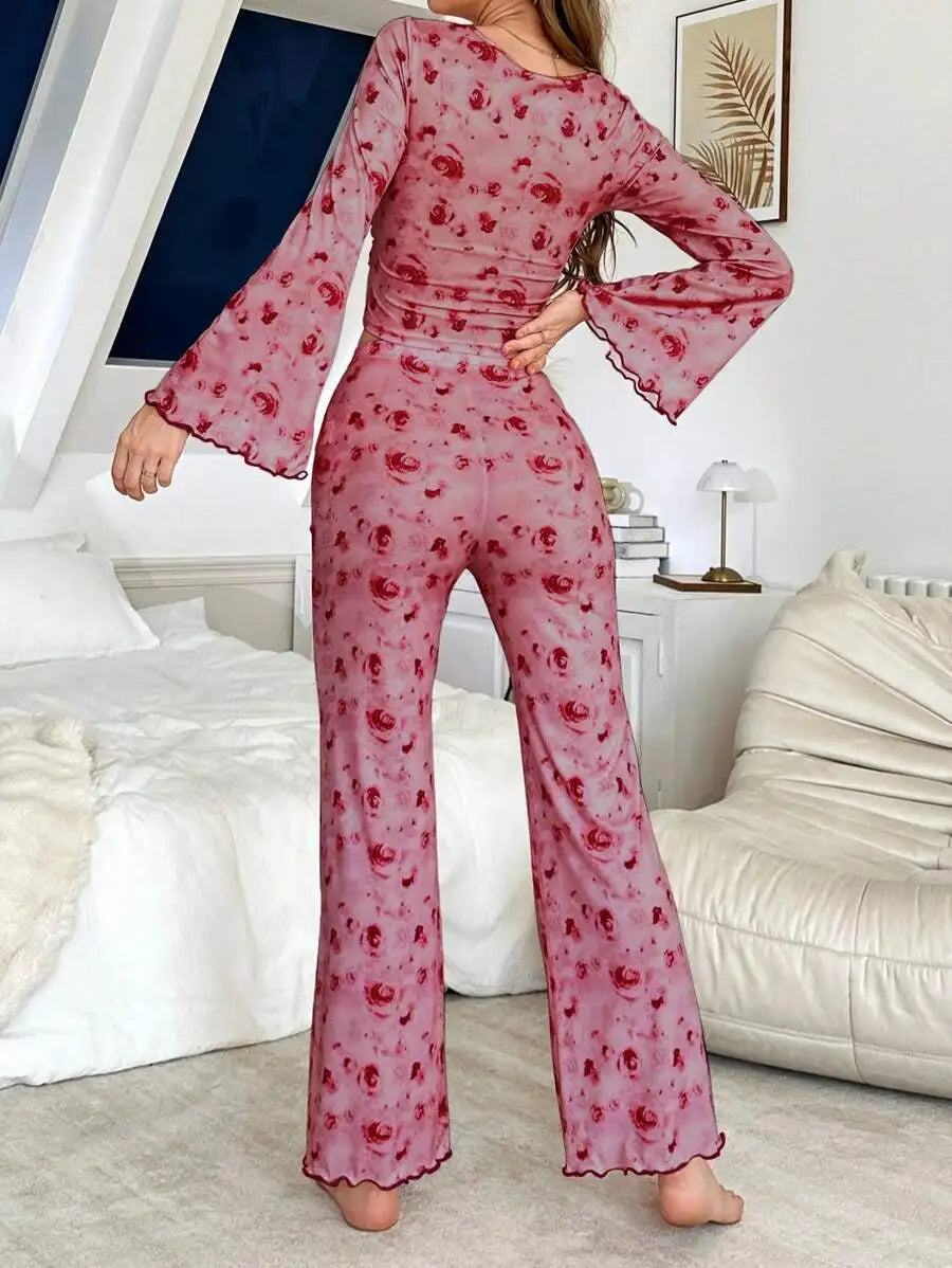 Women Pajama Sets Casual Pajamas Flower Print Long Sleeve High Waist Pants Loungewear Two-piece Set Can Be Worn Outside Pijamas
